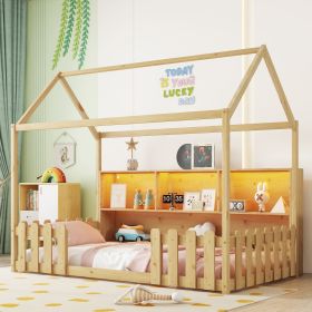 Twin Size House Bed with LED Light, Wood House Bed with Storage Bookshelf, Floor House Bed with Guardrails for Kids