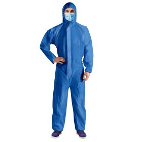 Disposable Coveralls with Hood, Medium Size. Pack of 5 Blue Hazmat Suits with Front Zip