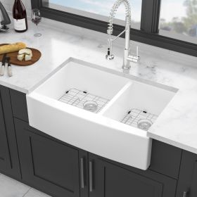 White Farmhouse Sink - 33 inch White Ceramic Double Bowl 60/40 Farm Kitchen Sink