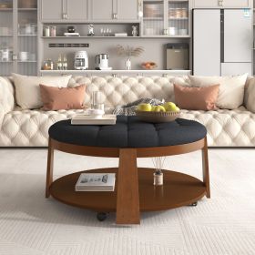 Modern Large Round Ottoman Coffee Table 2-Tier Oversized Button Tufted Ottoman with Wood Shelf Storage Upholstered Coffee Table for Living Room F