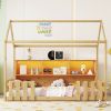 Twin Size House Bed with LED Light, Wood House Bed with Storage Bookshelf, Floor House Bed with Guardrails for Kids