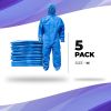 Disposable Coveralls with Hood, Medium Size. Pack of 5 Blue Hazmat Suits with Front Zip