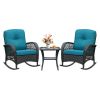 3Pcs Outdoor Patio Wicker Rocking Porch Chair with Waterproof Cushions,Cyan Blue