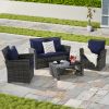 4 Pieces Outdoor Patio Furniture Sets Garden Rattan Chair Wicker Set, Poolside Lawn Chairs with Tempered Glass Coffee Table Porch Furniture