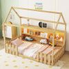 Twin Size House Bed with LED Light, Wood House Bed with Storage Bookshelf, Floor House Bed with Guardrails for Kids
