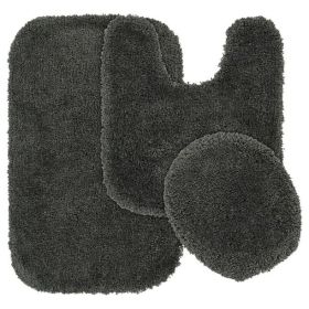 3 Piece Shaggy Nylon Washable Bathroom Rug (Color: dark gray)