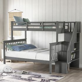 Stairway Twin-Over-Full Bunk Bed with Storage and Guard Rail for Bedroom (Color: Gray)