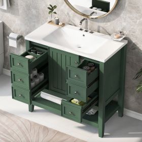 36" Bathroom Vanity with Sink Combo, One Cabinet and Three Drawers, Solid Wood and MDF Board (Material: Solid Wood+MDF, Color: Green)