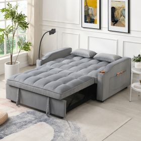 Modern Velvet Loveseat Futon Sofa Couch w/Pullout Bed,Small Love Seat Lounge Sofa with adjustable Reclining Backrest,Toss Pillows, Pockets (Color: Light Gray)